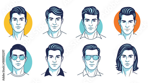Stylized set of male head portraits with diverse hair and glasses styles presented as avatars against colored circular backgrounds.