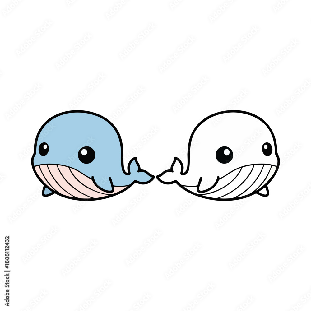 Obraz premium Adorable vector illustration of two cartoon whales, one blue and one white outline, ideal for playful children's designs and friendly marine graphic projects