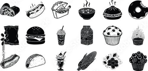 Collection of Hand Drawn Food Icons in Black and White