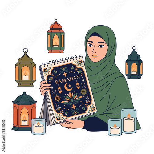 Woman in Hijab Holding Ramadan Calendar with Lanterns and Candles.