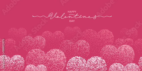 Happy Valentines Day greeting banner template. Hearts with halftone dots texture and lettering on glitter dark pink background. Vector illustration