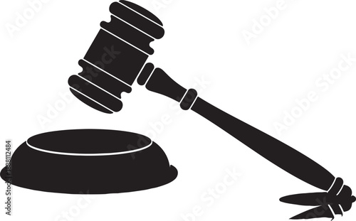 Black and white judge gavel striking a sound block with a feather quill on the side also transparent background