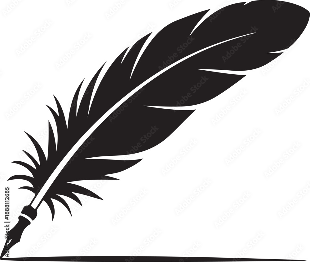 Obraz premium Black feather with quill tip on white background