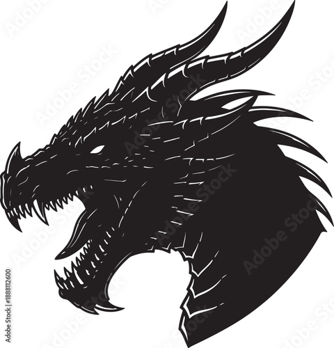 Black and white of a fierce dragon head with sharp teeth and horns also transparent background