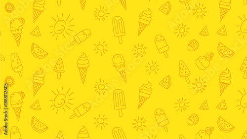 Bright yellow seamless pattern with playful hand-drawn summer treats ice cream, popsicles, suns, and watermelon slices, creating a fun and vibrant background