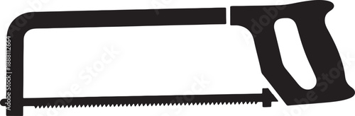 Black and white outline of a miter saw with a serrated blade and handle also transparent background tool