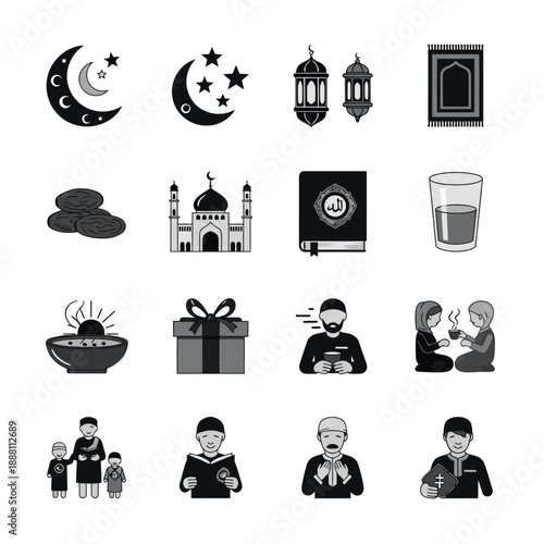 Islamic symbols and practices icons set.