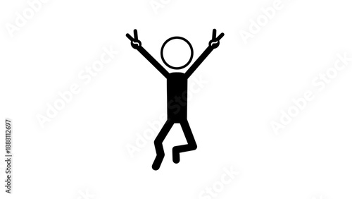 Simple black and white illustration of a person jumping with arms raised.