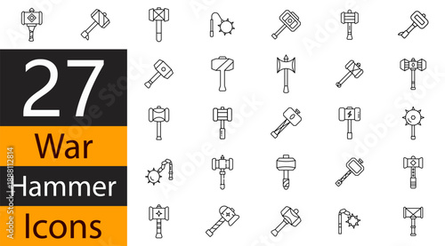 War Hammer Icons Set for Medieval Weapons, Battle Combat, and Fantasy Games