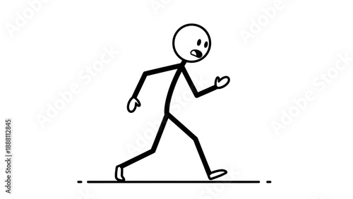 Simple stick figure character walking with a concerned expression.