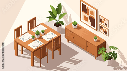 Isometric illustration of a stylish modern home interior, featuring a cozy dining area with wooden furniture and vibrant plants, complemented by a comfortable living space