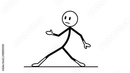 Simple stick figure walking with a frowning face.