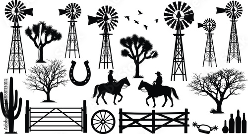 Collection of black western ranch silhouettes featuring windmills, cowboys riding horses, cactus, fences, and trees for rustic farm landscape design elements on white background.