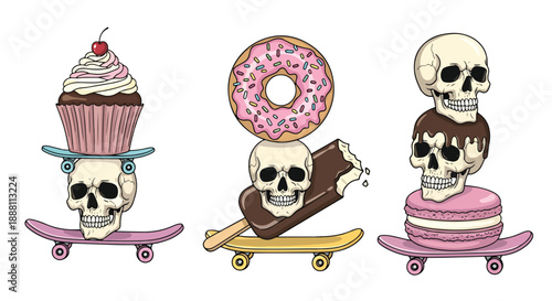 skulls on skateboards with cupcakes donuts and chocolate macarons