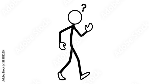 Simple stick figure walking with a questioning expression.