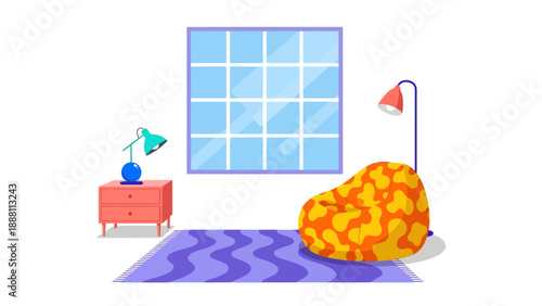 Cozy living room scene with a bean bag chair, lamp, and nightstand against a window view