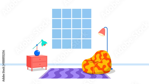 Vibrant and Cozy Modern Interior Illustration Featuring a Colorful Bean Bag Chair, Stylish Lamps, and a Large Window, Creating a Relaxing and Inviting Home Setting