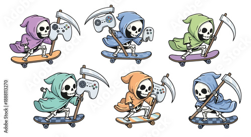 skulls wearing robes riding skateboards with game controllers and scythes