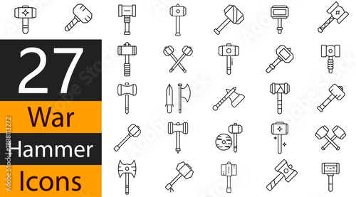 War Hammer Icons Set for Medieval Weapons, Battle Combat, and Fantasy GamesWar Hammer Icons Collection for Medieval Combat, Fantasy Weapons, and Game Interfaces