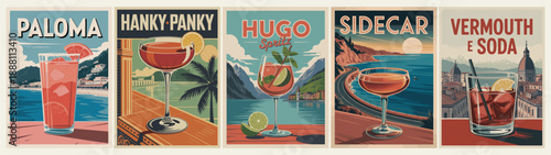 Retro style cocktail poster series featuring classic drinks with travel inspired landscapes, mid century aesthetic and warm colors.