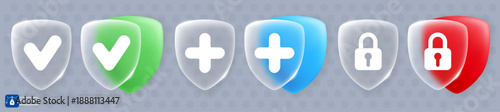 Glassy shields with tick, cross, lock signs. Icons or buttons are made of matte translucent glass with sparkling edges and glass morphism effect. Safety and protection concept. 3D Vector illustration