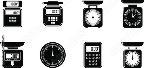 Collection of various black and white vector icons featuring digital and analog kitchen weighing scales designed for measuring food weight and mass in cooking contexts.