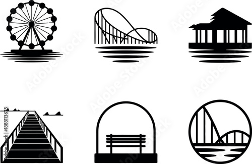 Set of modern landscape icons featuring leisure attractions