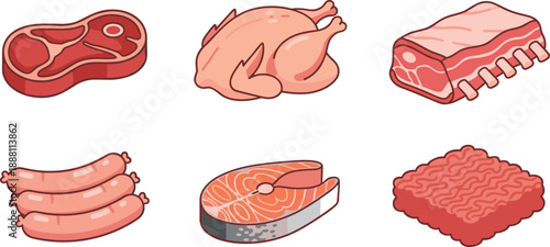 Hand-Drawn Meat and Seafood Illustration Set Featuring Steak, Chicken and Salmon