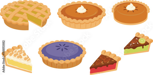 Hand-Drawn Pie and Tart Dessert Illustration Set Featuring Fruit and Cream Fillings
