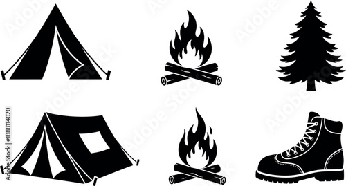 Camping essentials in simple black silhouettes for outdoor adventures