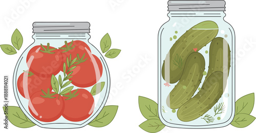 Hand-Drawn Preserved Tomatoes and Pickles in Glass Jars Illustration Set