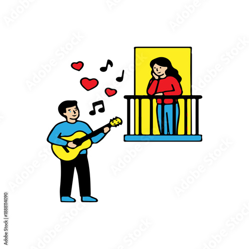 Romantic serenade on a balcony with guitar and love