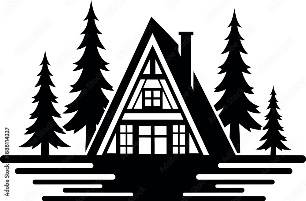 Obraz premium Cozy A-frame cabin nestled among tall pine trees in serene forest setting