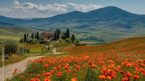 Idyllic rolling countryside showcases a country estate surrounded by vibrant red flowers and distant mountains under a partly cloudy sky.
