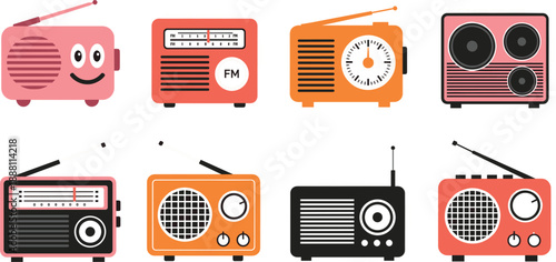 Collection of retro and modern radio icons featuring vintage transistor designs and colorful FM receivers for podcasting broadcasting and music media graphic elements.