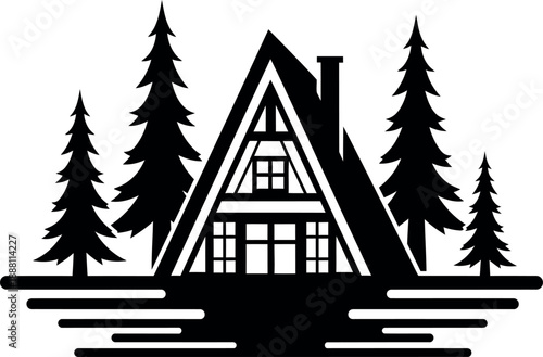 Cozy A-frame cabin nestled among tall pine trees in serene forest setting