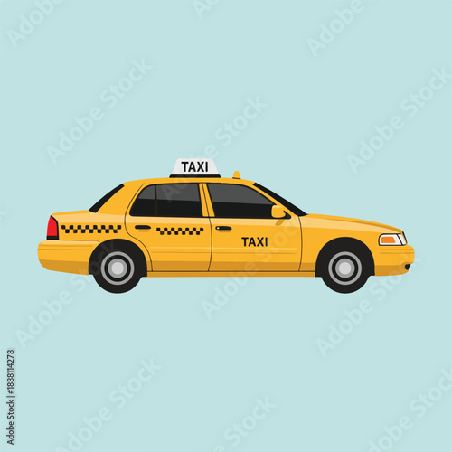 Yellow taxi cab illustration classic American car for urban transportation flat design vector graphic isolated on light blue background