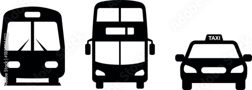 Silhouettes of bus, double-decker bus, and taxi on white background