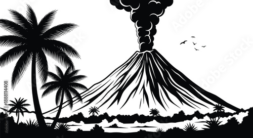 Erupting volcano black silhouette landscape with palm trees, tropical island scenery, smoke plume, birds, and dramatic nature illustration
