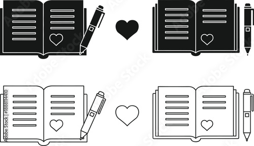 Set of vector icons showing open diaries with hearts and pens, featuring black silhouette and outline styles for romantic journaling, love letters, and stationery design concepts.