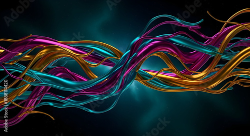 Abstract Swirling Ribbons of Gold, Teal, and Magenta
