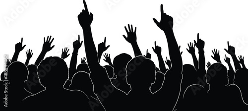 Silhouette of a Cheering Crowd with Raised Hands and Pointing Fingers at a Music Concert, Festival, or Sporting Event Performance Isolated on White Background