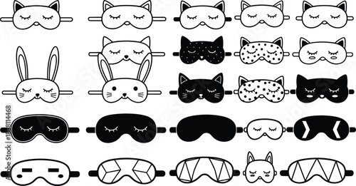 Collection of cute sleep mask icons featuring animal faces cat ears rabbit ears and various decorative patterns for wellness travel and relaxation design.