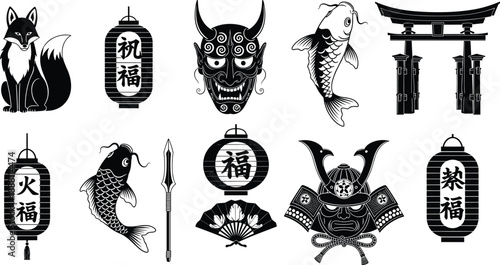Japanese cultural black silhouette icon set featuring kitsune fox, koi fish, samurai mask, torii gate, lanterns, and traditional symbols