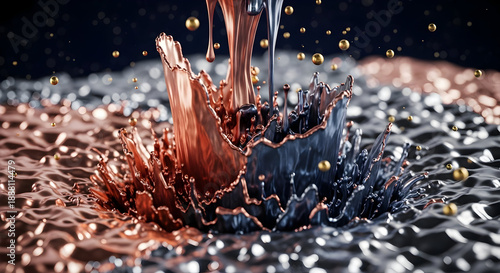 Copper and Dark Liquid Splash with Gold Spheres