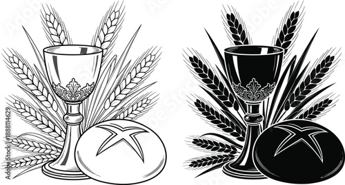 Christian communion chalice and bread illustration with wheat ears, black and white religious symbol artwork isolated on white background