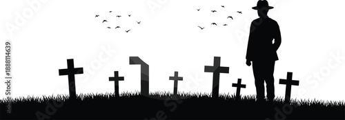 Silhouette of a lone man in a hat standing in a cemetery with grave crosses and birds flying in a minimalist black and white style