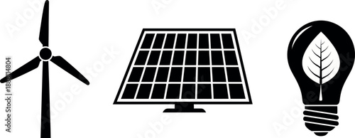Renewable energy icons set with wind turbine and solar panel