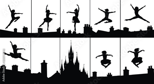 Silhouette of ballerina dancers jumping and performing ballet over a city skyline and castle rooftops at night with an artistic and magical atmosphere