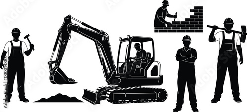 Construction worker silhouette set with excavator machine, builder standing, bricklaying and laborer with tools, black vector illustration for industry, engineering and heavy equipment.